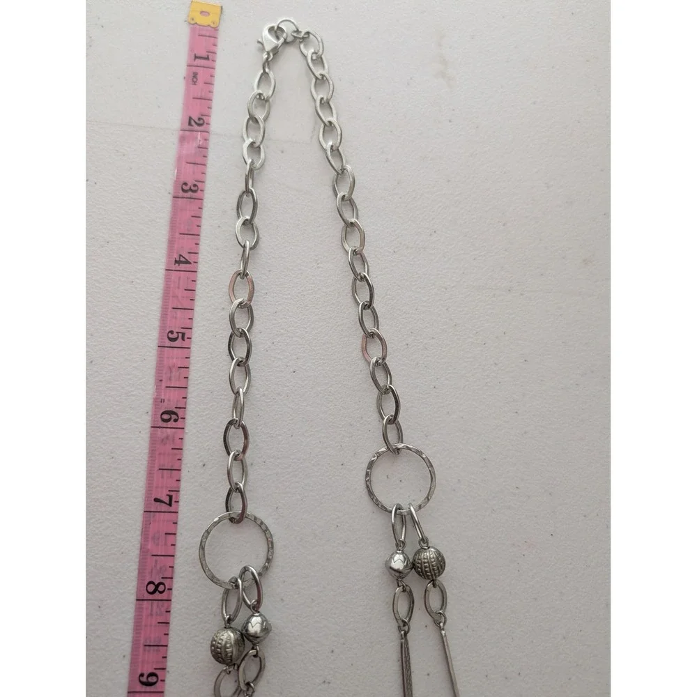 Unsigned Silver Tone Multi-Strand Long Geometric Beaded Layered Necklace 38 In
